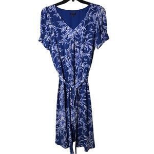 Talbots Womens Blue Floral Midi Dress Elastic Waist Short Sleeve V-neck